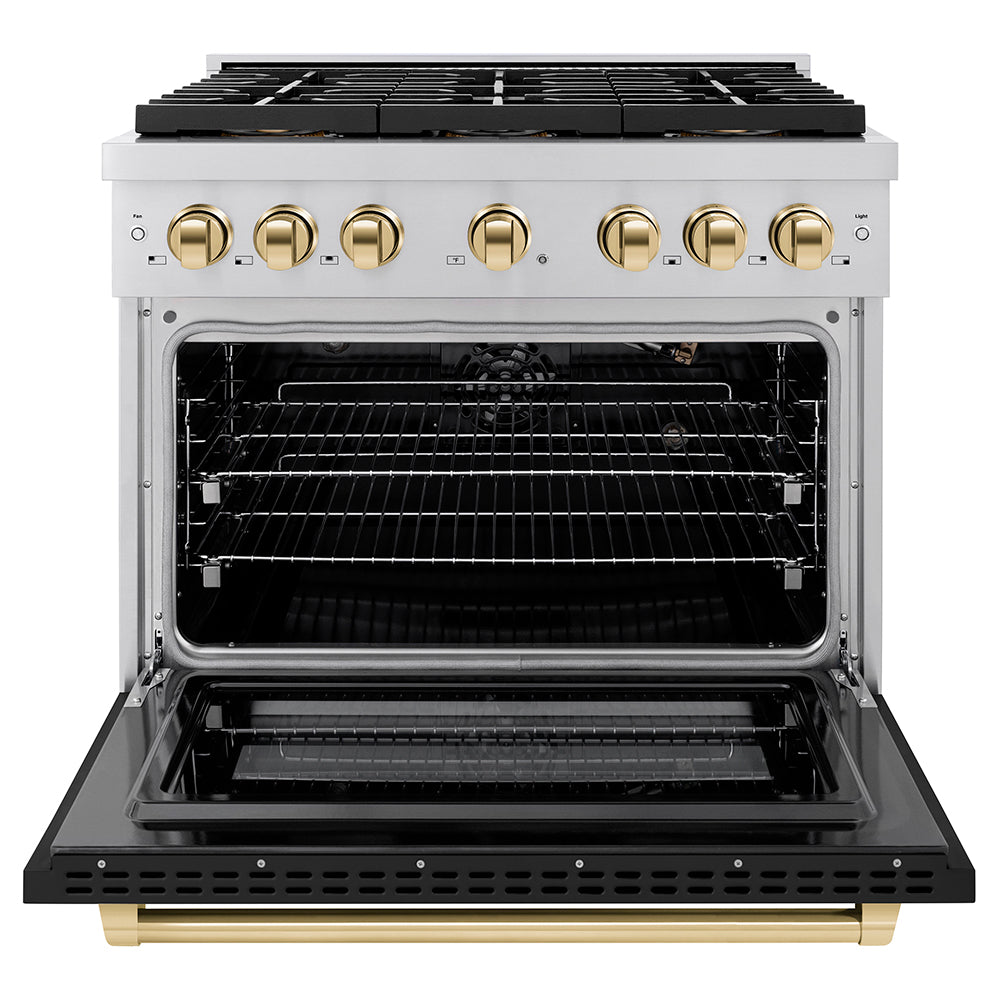 ZLINE 36 in. Gas Range 5.2 cu. ft. 6 Burner DuoPro™ Cooktop Convection Gas Oven Black Matte Door Polished Gold Accents (PSGRZ-BLM-36-G)