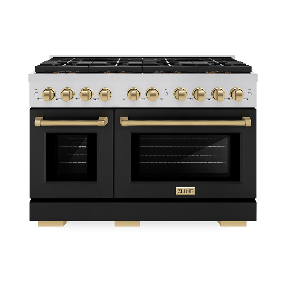 ZLINE 48 in. Gas Range 6.7 cu. ft. 8 Burner DuoPro™ Cooktop Dual Ovens Black Matte Doors Champagne Bronze Accents (PSGRZ-BLM-48-CB)