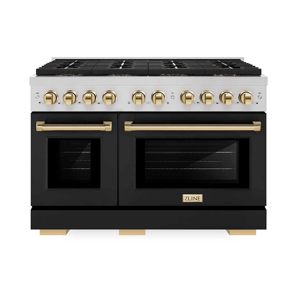 ZLINE 48 in. Gas Range – Paramount Series – 6.7 cu. ft. Dual Oven – 8 Burner DuoPro™ Cooktop, Black Matte Doors, Polished Gold Accents (PSGRZ-BLM-48-G)