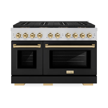 ZLINE 48 in. Gas Range – Paramount Series – 6.7 cu. ft. Dual Oven – 8 Burner DuoPro™ Cooktop, Black Matte Doors, Polished Gold Accents (PSGRZ-BLM-48-G)