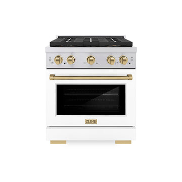 ZLINE 30 in. Gas Range 4.2 cu. ft. 4 Burner DuoPro™ Cooktop Convection Oven Stainless Steel White Matte Door Champagne Bronze Accents (PSGRZ-WM-30-CB)