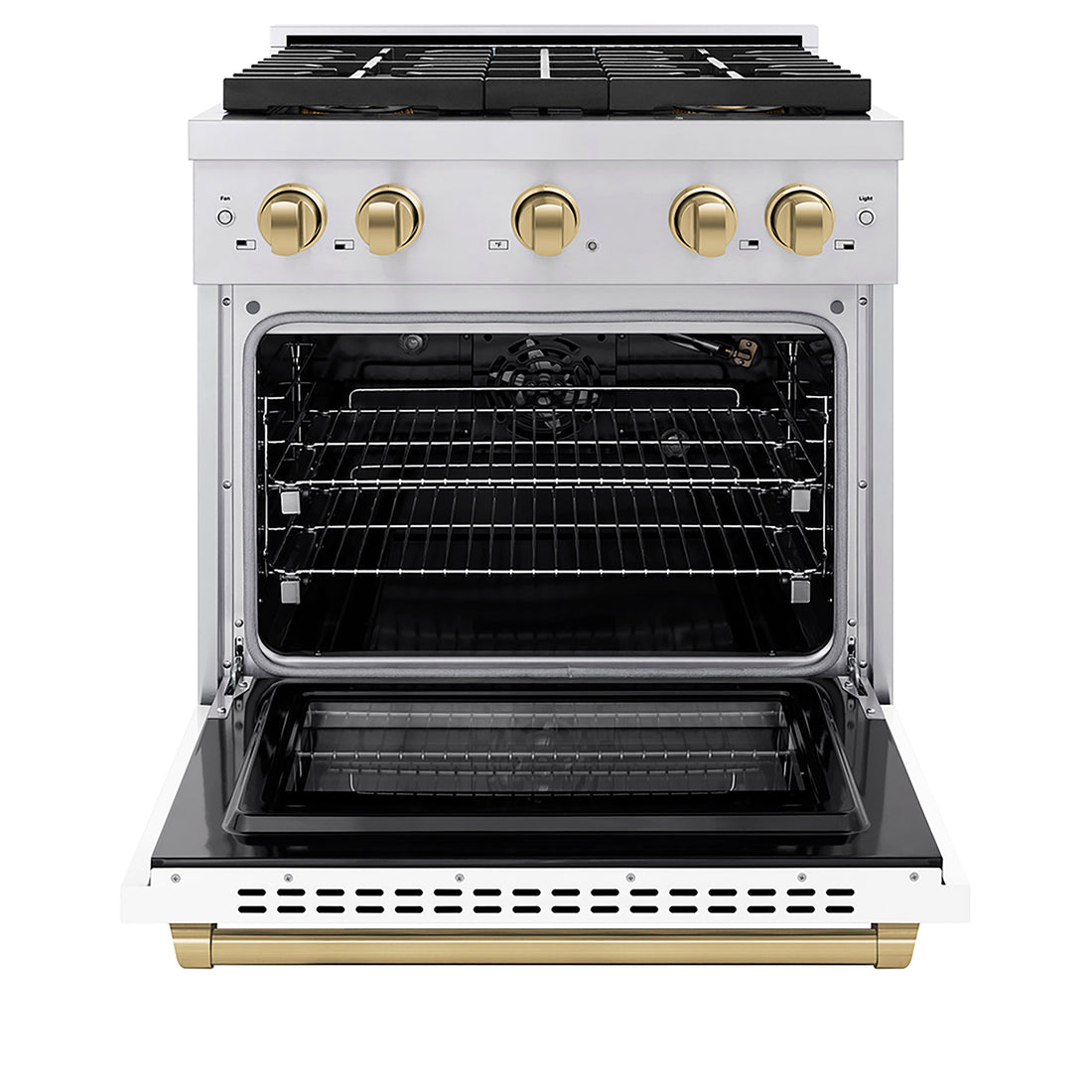 ZLINE 30 in. Gas Range 4.2 cu. ft. 4 Burner DuoPro™ Cooktop Convection Oven Stainless Steel White Matte Door Champagne Bronze Accents (PSGRZ-WM-30-CB)