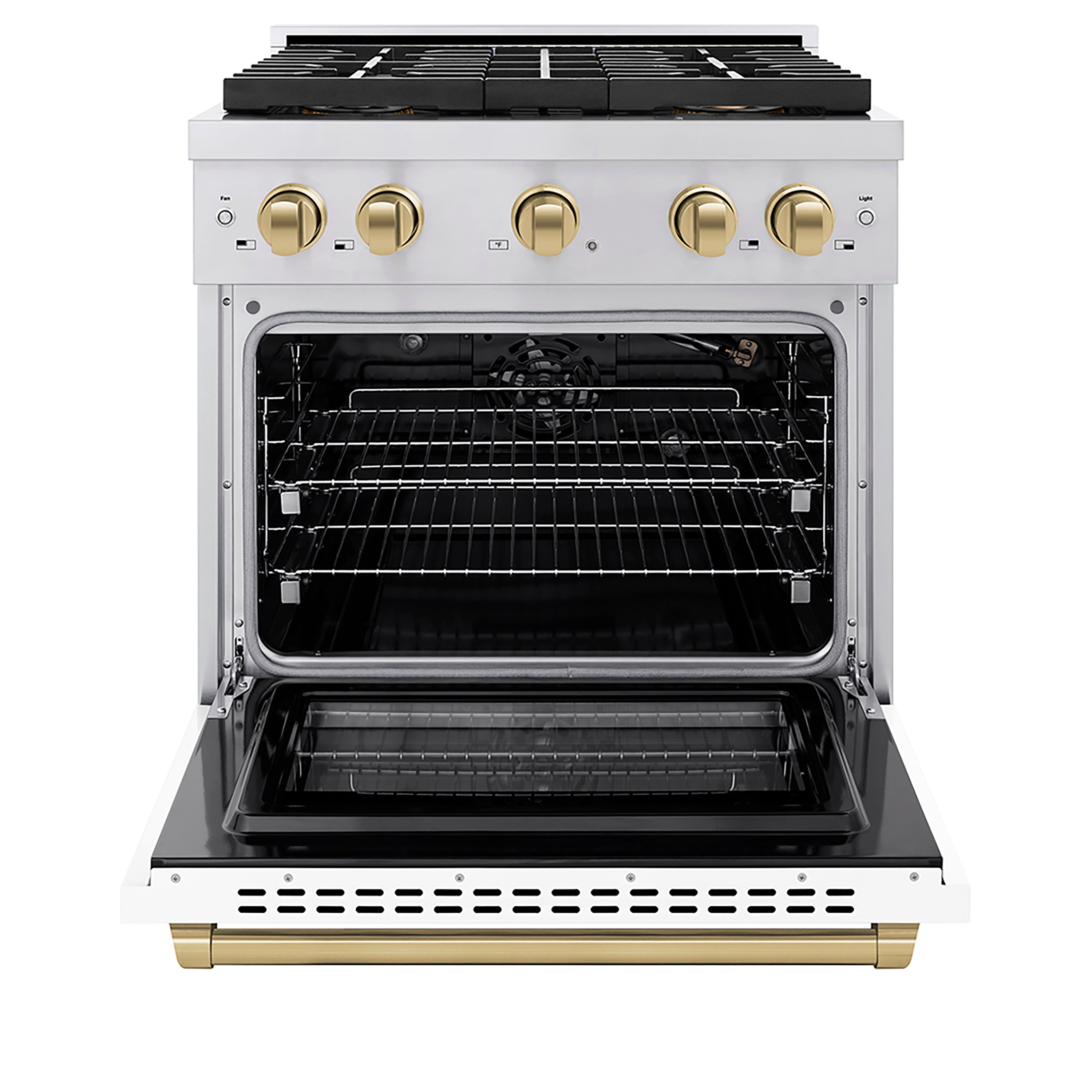 ZLINE 30 in. Gas Range 4.2 cu. ft. 4 Burner DuoPro™ Cooktop Convection Oven Stainless Steel White Matte Door Champagne Bronze Accents (PSGRZ-WM-30-CB)