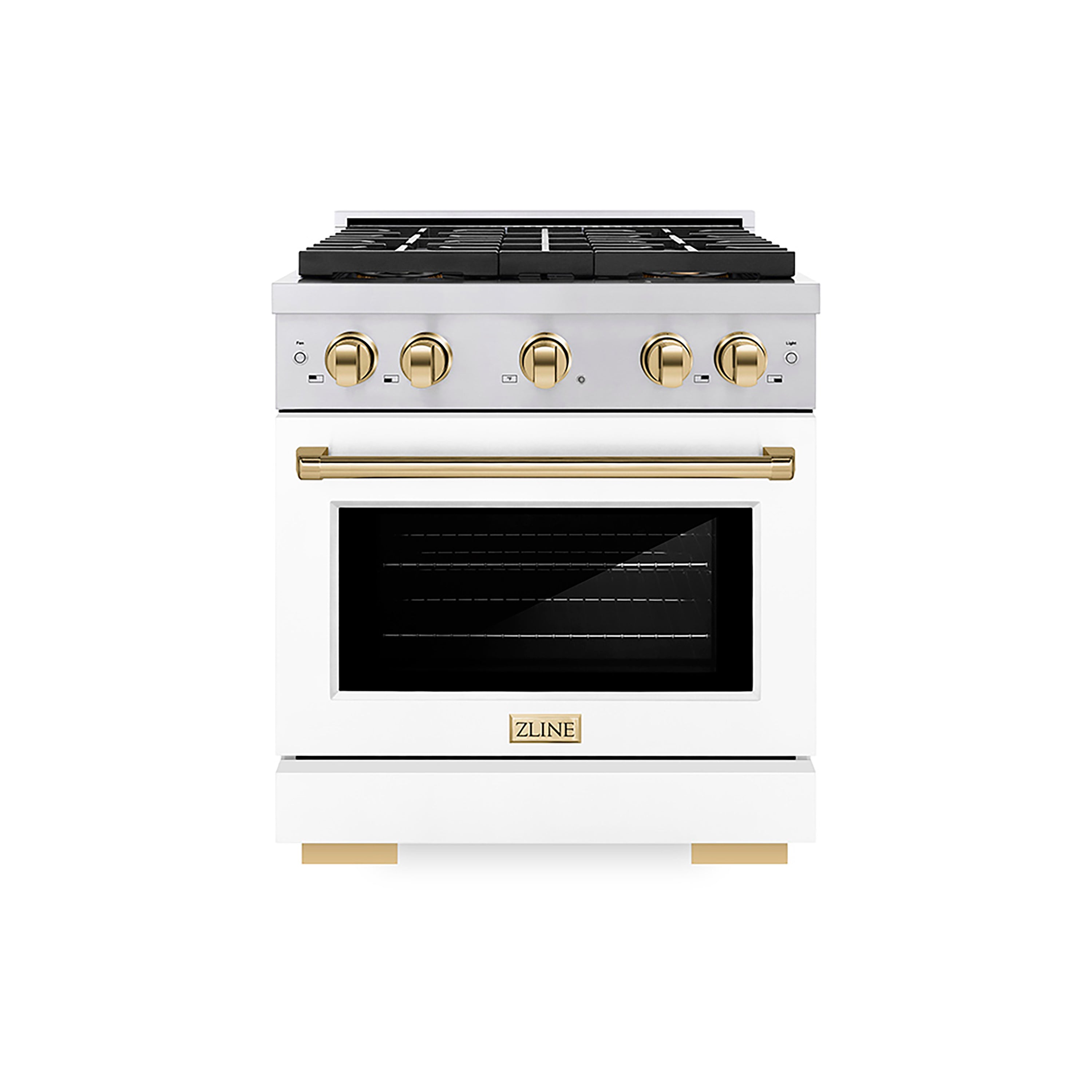 ZLINE 30 in Gas Range 4.2 cu. ft. 4 Burner DuoPro Cooktop Convection Oven Stainless Steel White Matte Door Polished Gold Accents (PSGRZ-WM-30-G)
