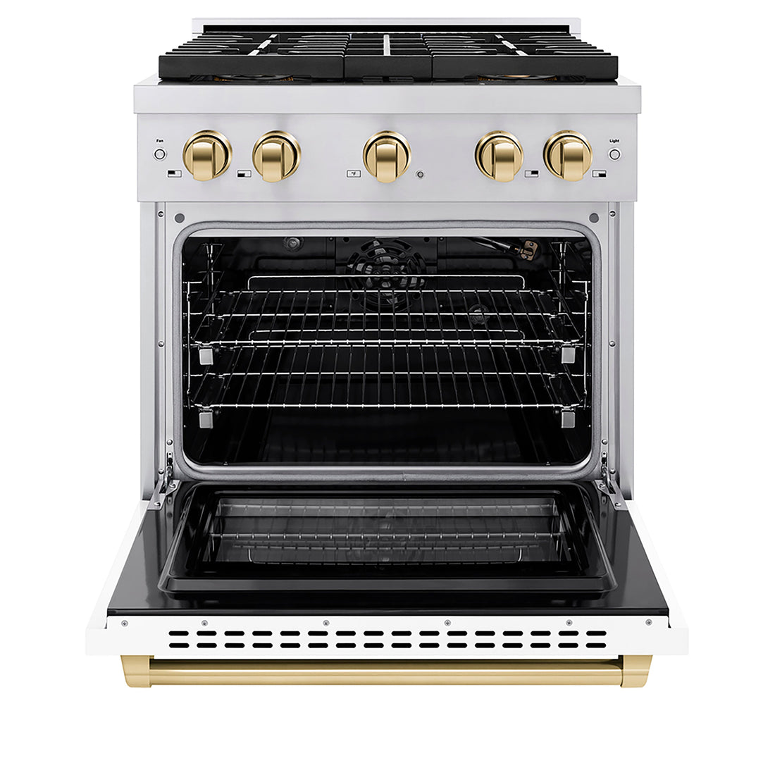 ZLINE 30 in Gas Range 4.2 cu. ft. 4 Burner DuoPro Cooktop Convection Oven Stainless Steel White Matte Door Polished Gold Accents (PSGRZ-WM-30-G)