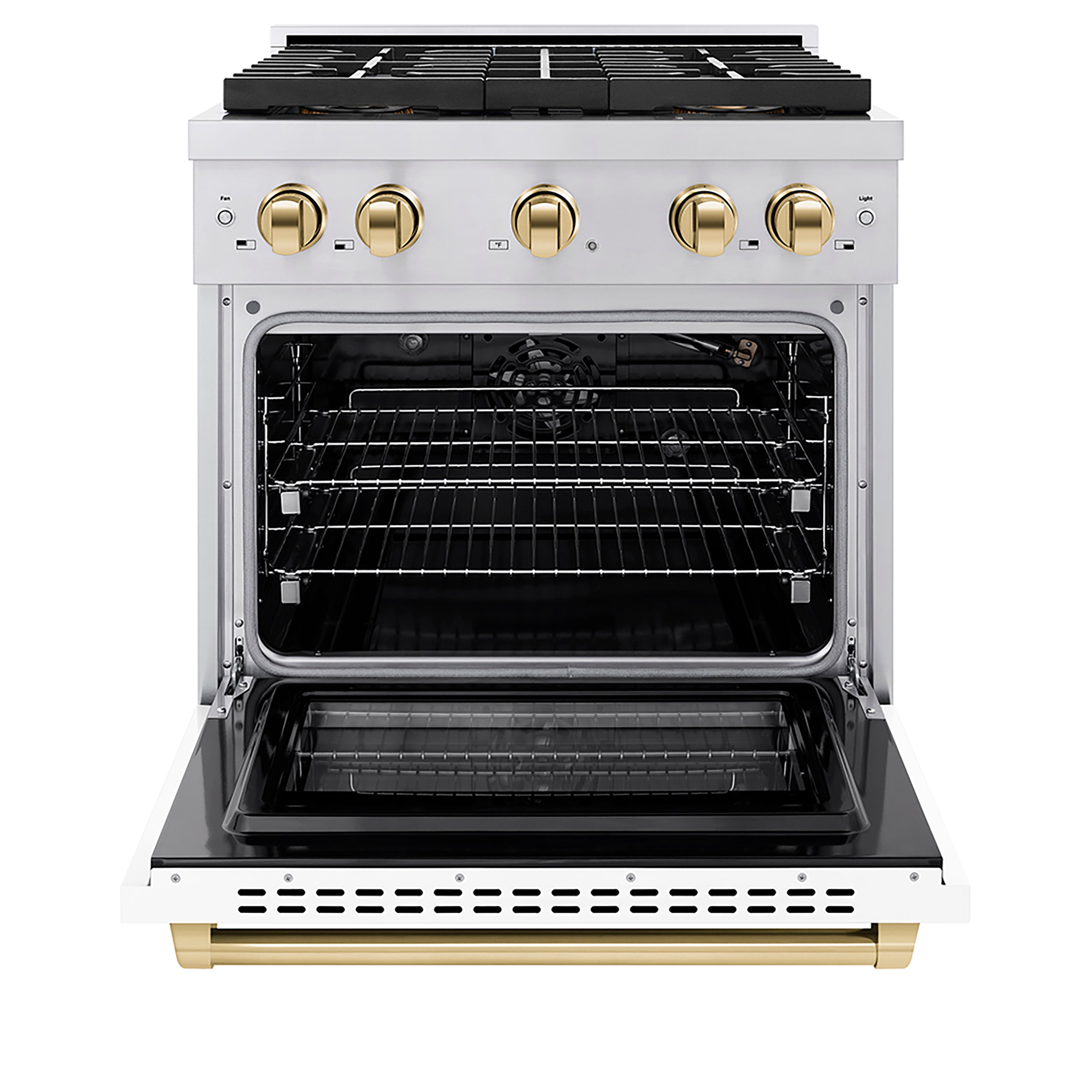 ZLINE 30 in Gas Range 4.2 cu. ft. 4 Burner DuoPro Cooktop Convection Oven Stainless Steel White Matte Door Polished Gold Accents (PSGRZ-WM-30-G)