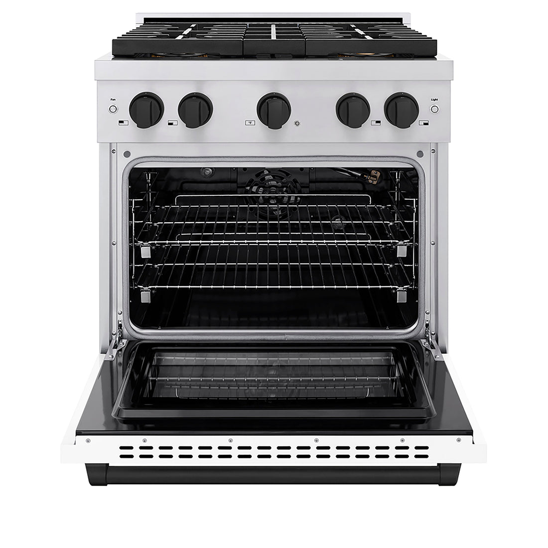 ZLINE 30 in. Gas Range 4.2 cu. ft. 4 Burner DuoPro™ Cooktop Convection Gas Oven Stainless Steel White Matte Door Matte Black Accents (PSGRZ-WM-30-MB)