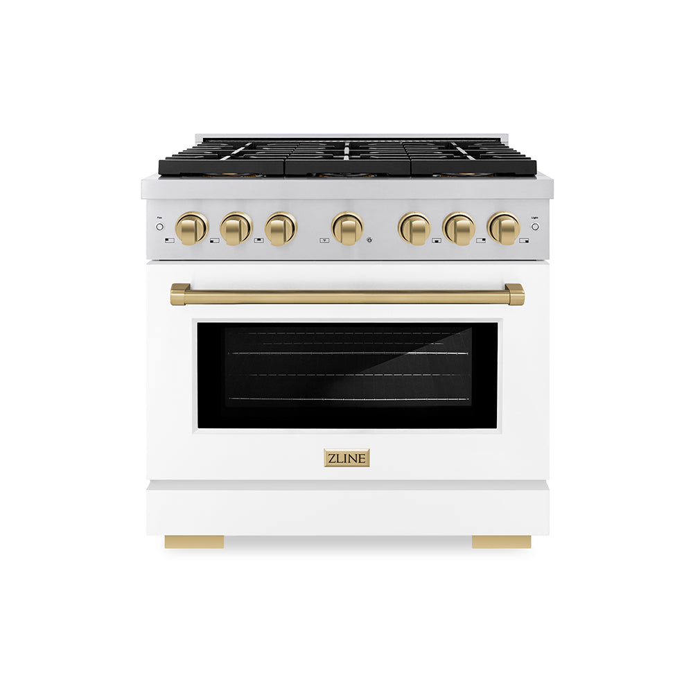ZLINE 36 in. Gas Range 5.2 cu. ft. Paramount Series with 6 Burner DuoPro™ Cooktop, Convection Gas Oven, White Matte Door & Champagne Bronze Accents (PSGRZ-WM-36-CB)