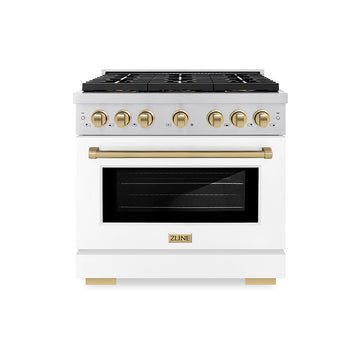 ZLINE 36 in. Gas Range 5.2 cu. ft. Paramount Series with 6 Burner DuoPro™ Cooktop, Convection Gas Oven, White Matte Door & Champagne Bronze Accents (PSGRZ-WM-36-CB)