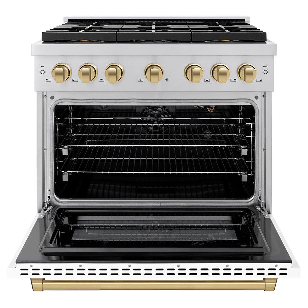 ZLINE 36 in. Gas Range 5.2 cu. ft. Paramount Series with 6 Burner DuoPro™ Cooktop, Convection Gas Oven, White Matte Door & Champagne Bronze Accents (PSGRZ-WM-36-CB)