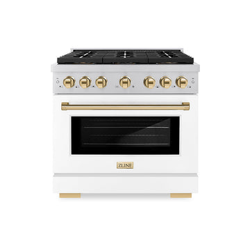 ZLINE 36 in. Gas Range 5.2 cu. ft. Convection Oven 6 Burner DuoPro™ Cooktop White Matte Door Polished Gold Accents (PSGRZ-WM-36-G)