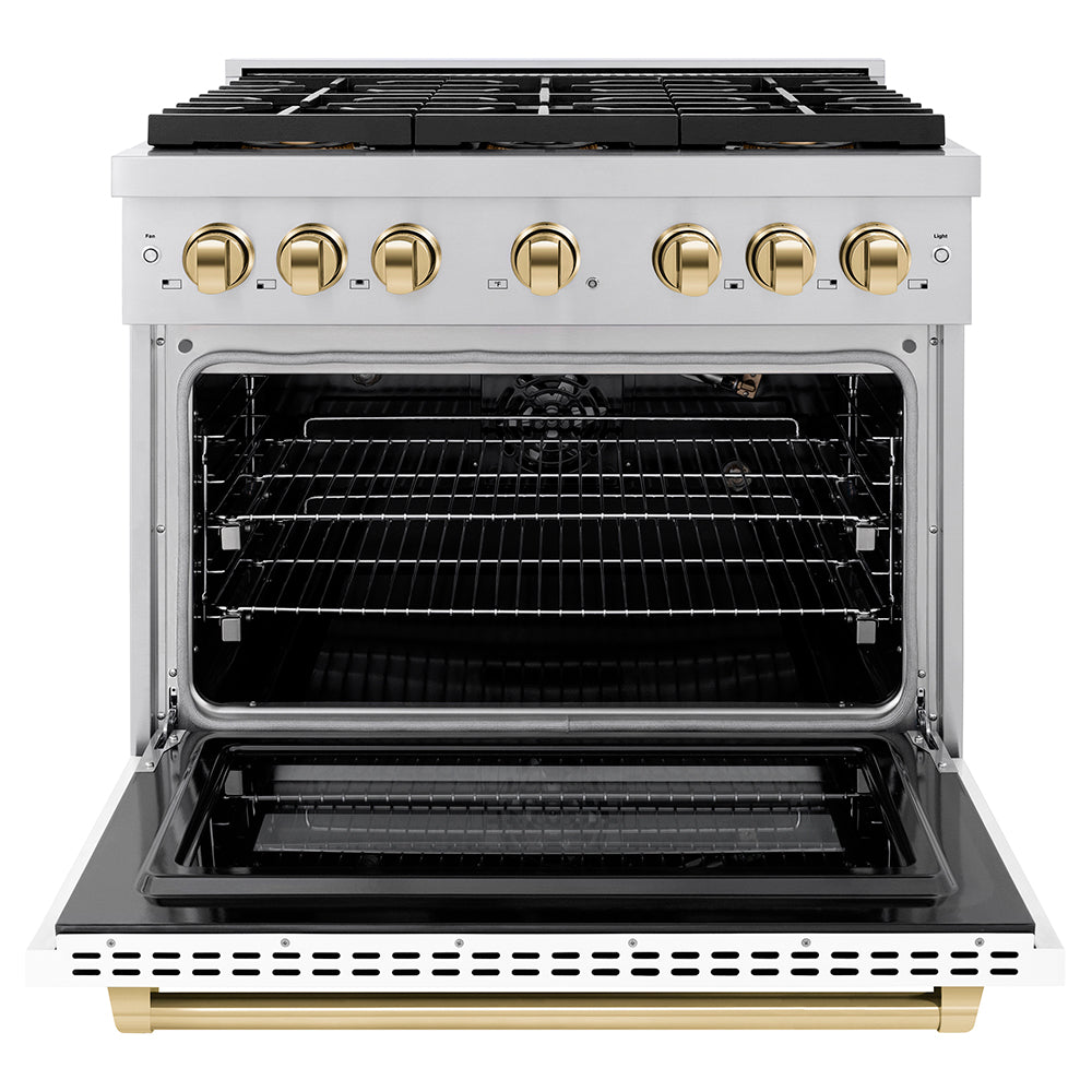 ZLINE 36 in. Gas Range 5.2 cu. ft. Convection Oven 6 Burner DuoPro™ Cooktop White Matte Door Polished Gold Accents (PSGRZ-WM-36-G)