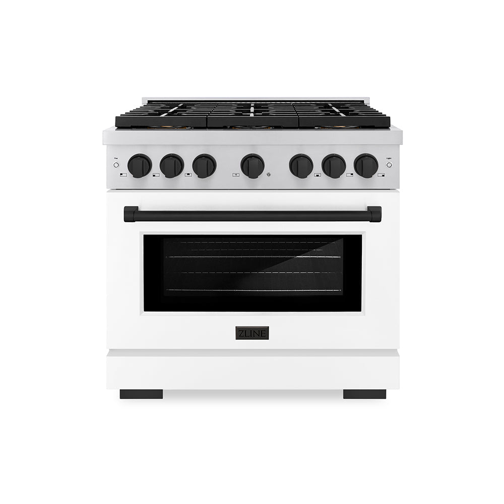 ZLINE 36 in. Gas Range 5.2 cu. ft. 6 Burner DuoPro™ Cooktop Convection Gas Oven White Matte Door Matte Black Accents (PSGRZ-WM-36-MB)