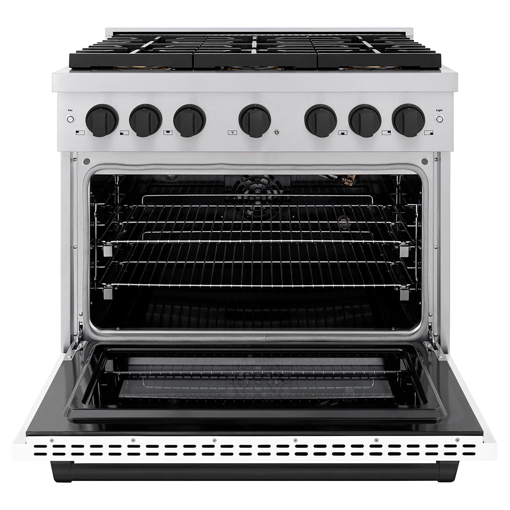 ZLINE 36 in. Gas Range 5.2 cu. ft. 6 Burner DuoPro™ Cooktop Convection Gas Oven White Matte Door Matte Black Accents (PSGRZ-WM-36-MB)