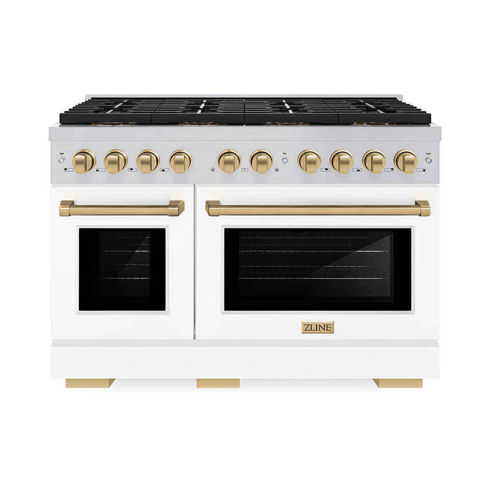 ZLINE 48 in. Gas Range 6.7 cu. ft. Paramount Series Dual Oven 8 Burner DuoPro™ Cooktop White Matte Doors Champagne Bronze Accents (PSGRZ-WM-48-CB)