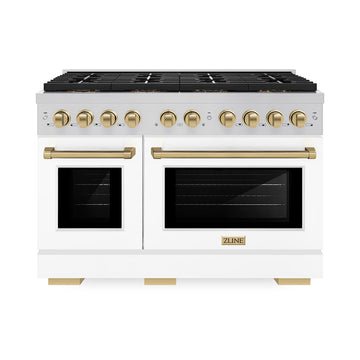 ZLINE 48 in. Gas Range 6.7 cu. ft. Paramount Series Dual Oven 8 Burner DuoPro™ Cooktop White Matte Doors Champagne Bronze Accents (PSGRZ-WM-48-CB)