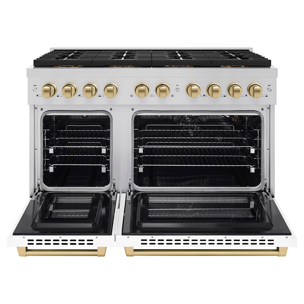 ZLINE 48 in. Gas Range 6.7 cu. ft. Paramount Series Dual Oven 8 Burner DuoPro™ Cooktop White Matte Doors Champagne Bronze Accents (PSGRZ-WM-48-CB)