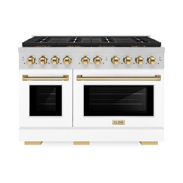 ZLINE 48 in. Gas Range 6.7 cu. ft. Paramount Series Dual Oven 8 Burner DuoPro™ Cooktop White Matte Doors Polished Gold Accents (PSGRZ-WM-48-G)