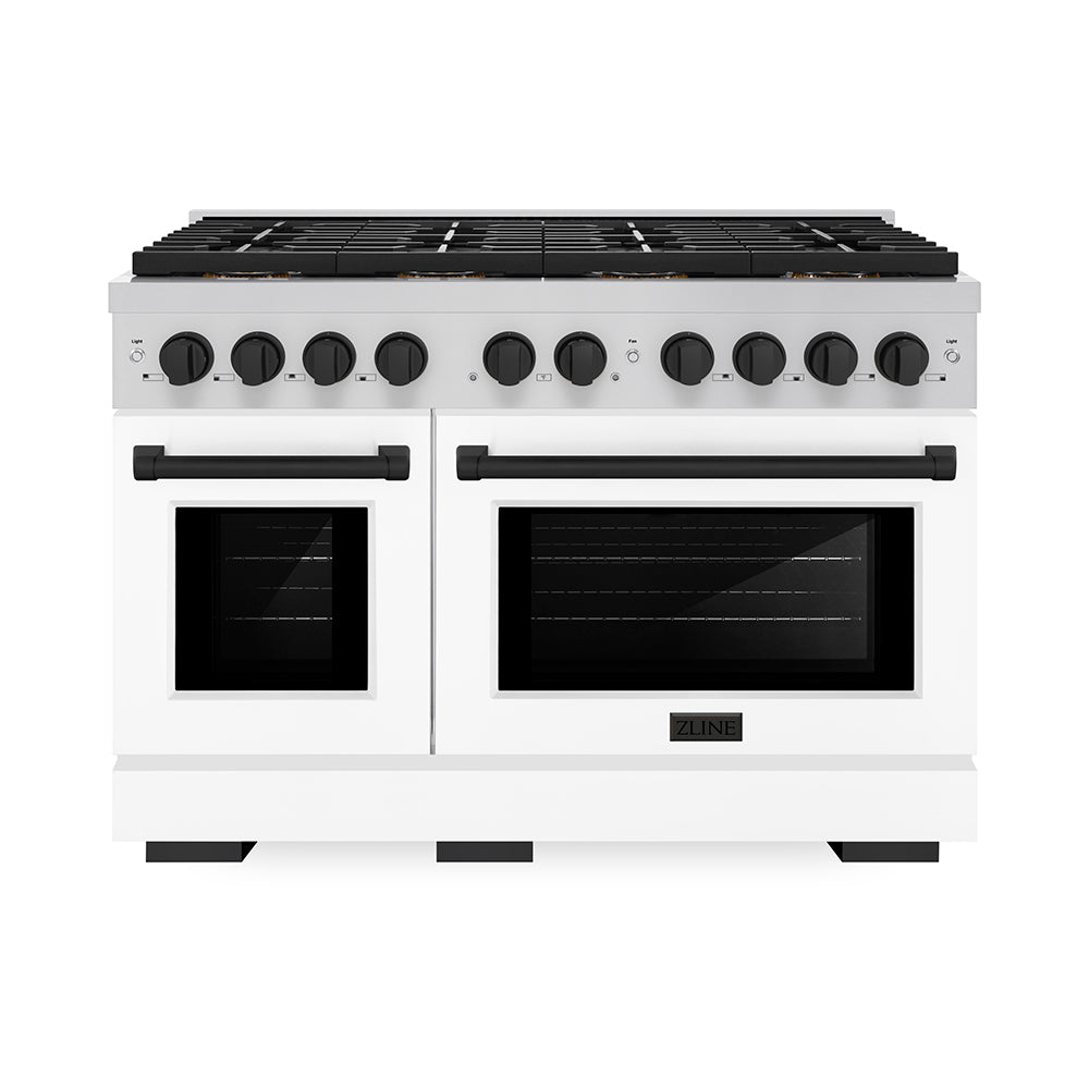ZLINE 48 in. Gas Range 6.7 cu. ft. 8 Burner DuoPro™ Cooktop Dual Ovens White Matte Doors Matte Black Accents (PSGRZ-WM-48-MB)