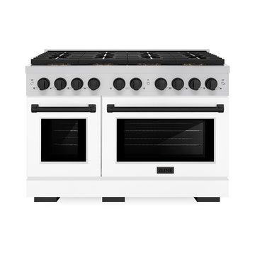 ZLINE 48 in. Gas Range 6.7 cu. ft. 8 Burner DuoPro™ Cooktop Dual Ovens White Matte Doors Matte Black Accents (PSGRZ-WM-48-MB)