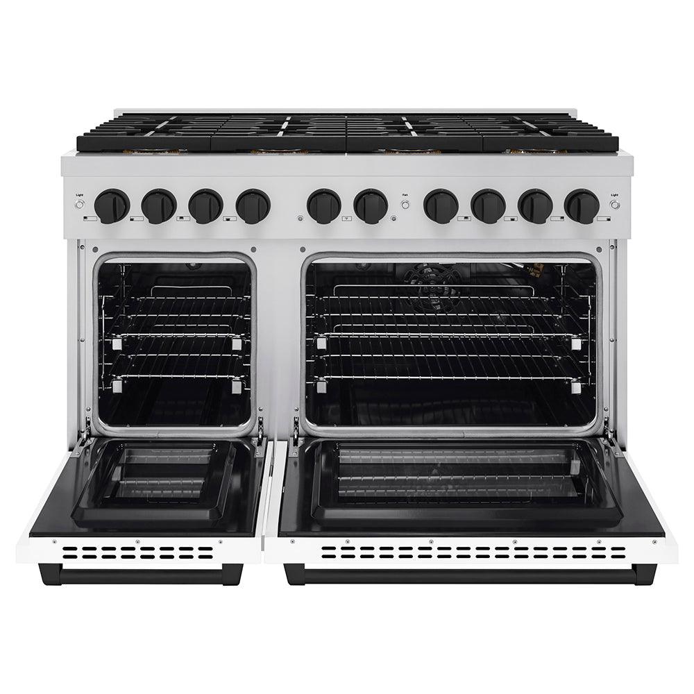 ZLINE 48 in. Gas Range 6.7 cu. ft. 8 Burner DuoPro™ Cooktop Dual Ovens White Matte Doors Matte Black Accents (PSGRZ-WM-48-MB)