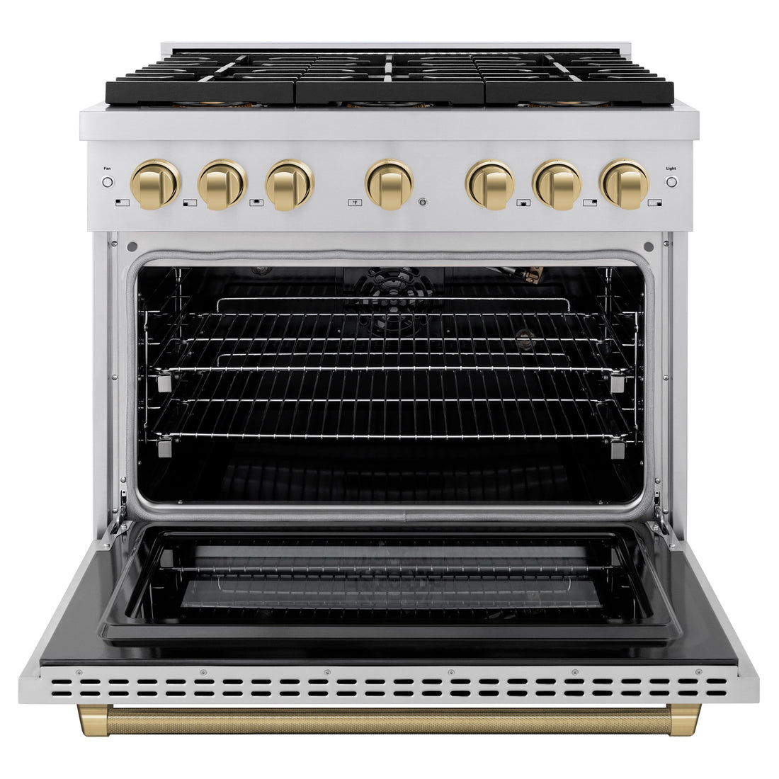 ZLINE 36 in. Gas Range 5.2 cu. ft. 6 Burner DuoPro Cooktop Convection Oven Stainless Steel Champagne Bronze Helix Handle (PSGRZ-36-KCB)