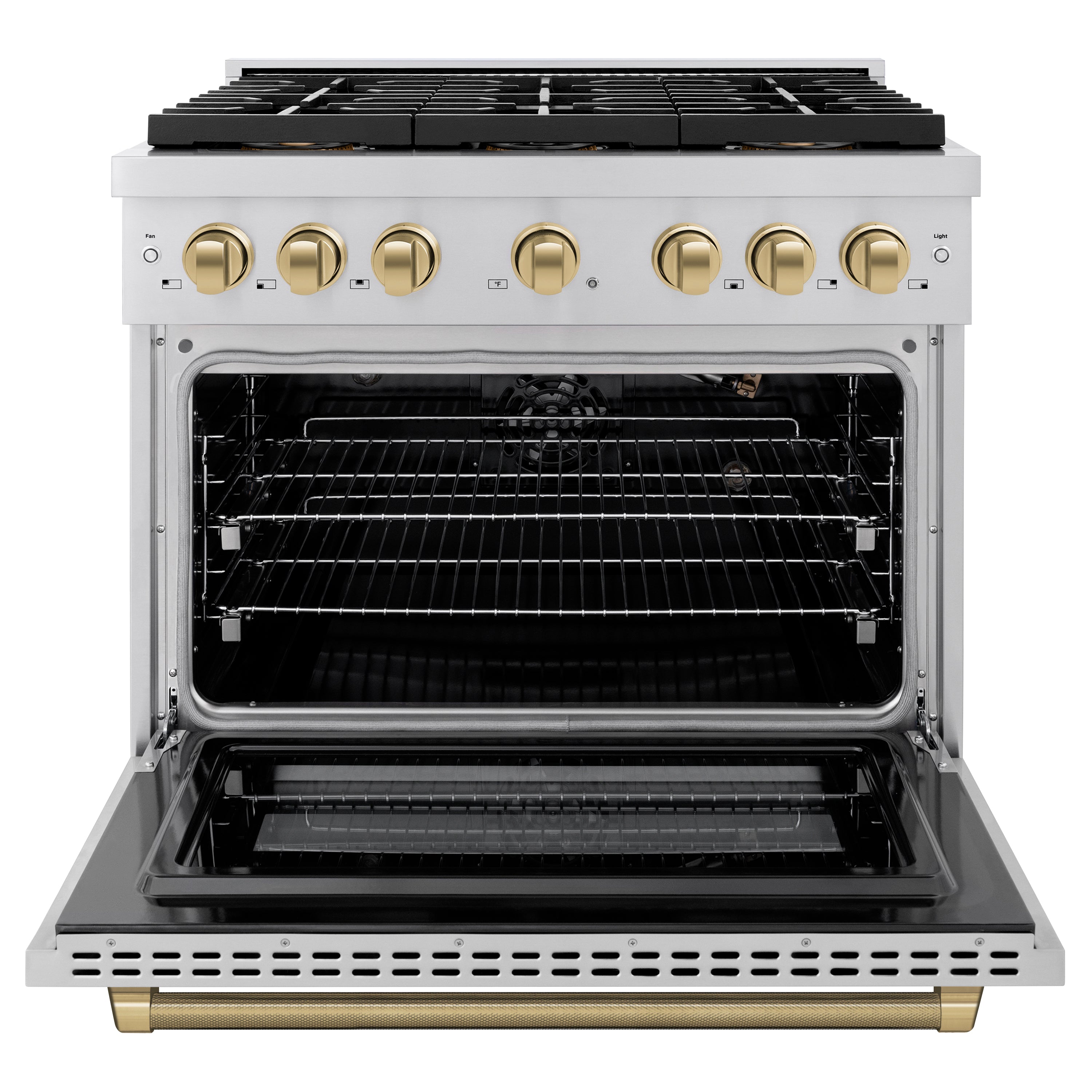 ZLINE 36 in. Gas Range 5.2 cu. ft. 6 Burner DuoPro Cooktop Convection Oven Stainless Steel Champagne Bronze Helix Handle (PSGRZ-36-KCB)