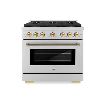 ZLINE 36 in. Gas Range 5.2 cu. ft. 6 Burner DuoPro™ Cooktop Convection Gas Oven Polished Gold Helix Accents Stainless Steel (PSGRZ-36-KG)