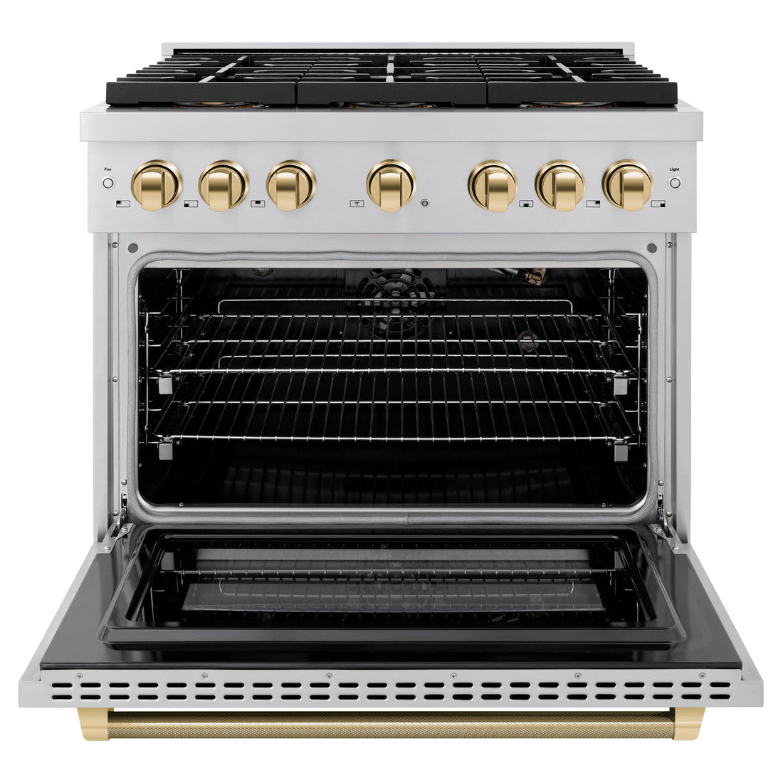ZLINE 36 in. Gas Range 5.2 cu. ft. 6 Burner DuoPro™ Cooktop Convection Gas Oven Polished Gold Helix Accents Stainless Steel (PSGRZ-36-KG)