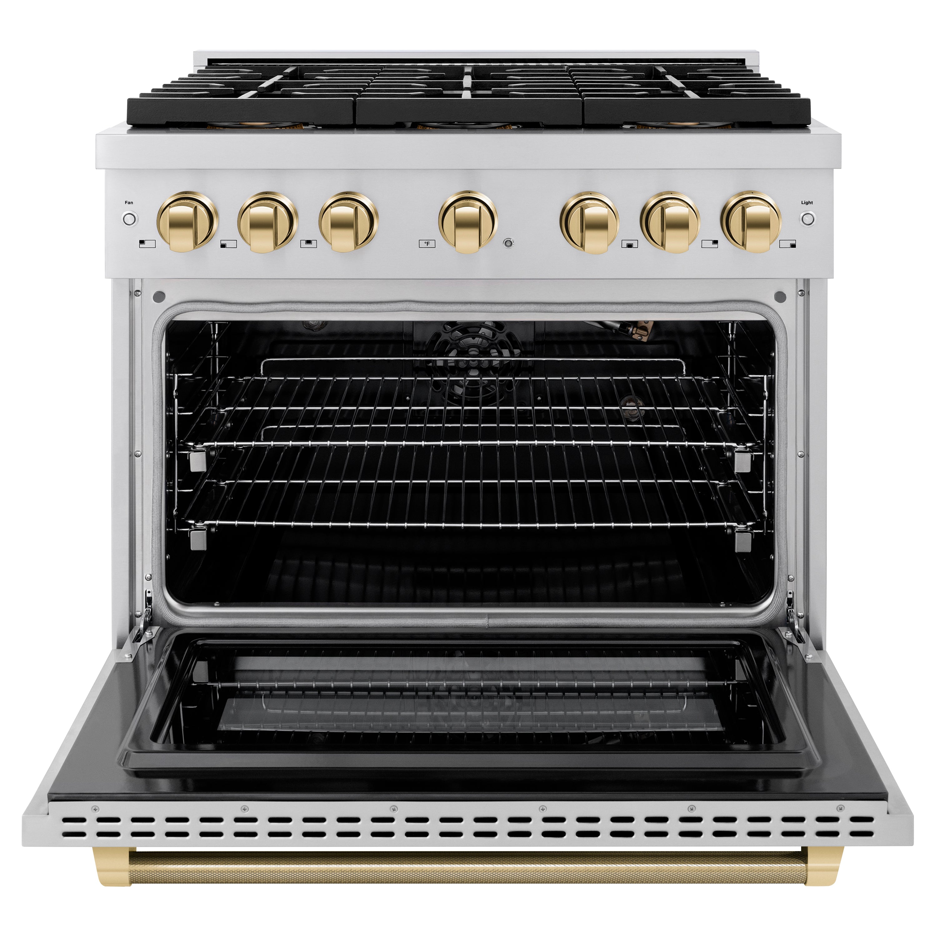 ZLINE 36 in. Gas Range 5.2 cu. ft. 6 Burner DuoPro™ Cooktop Convection Gas Oven Polished Gold Helix Accents Stainless Steel (PSGRZ-36-KG)
