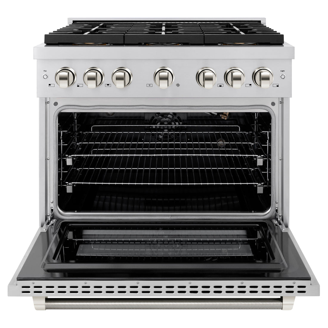 ZLINE 36 in. Gas Range 5.2 cu. ft. 6 Burner DuoPro™ Cooktop Convection Oven Stainless Steel Polished Nickel Helix Handle (PSGRZ-36-KPN)