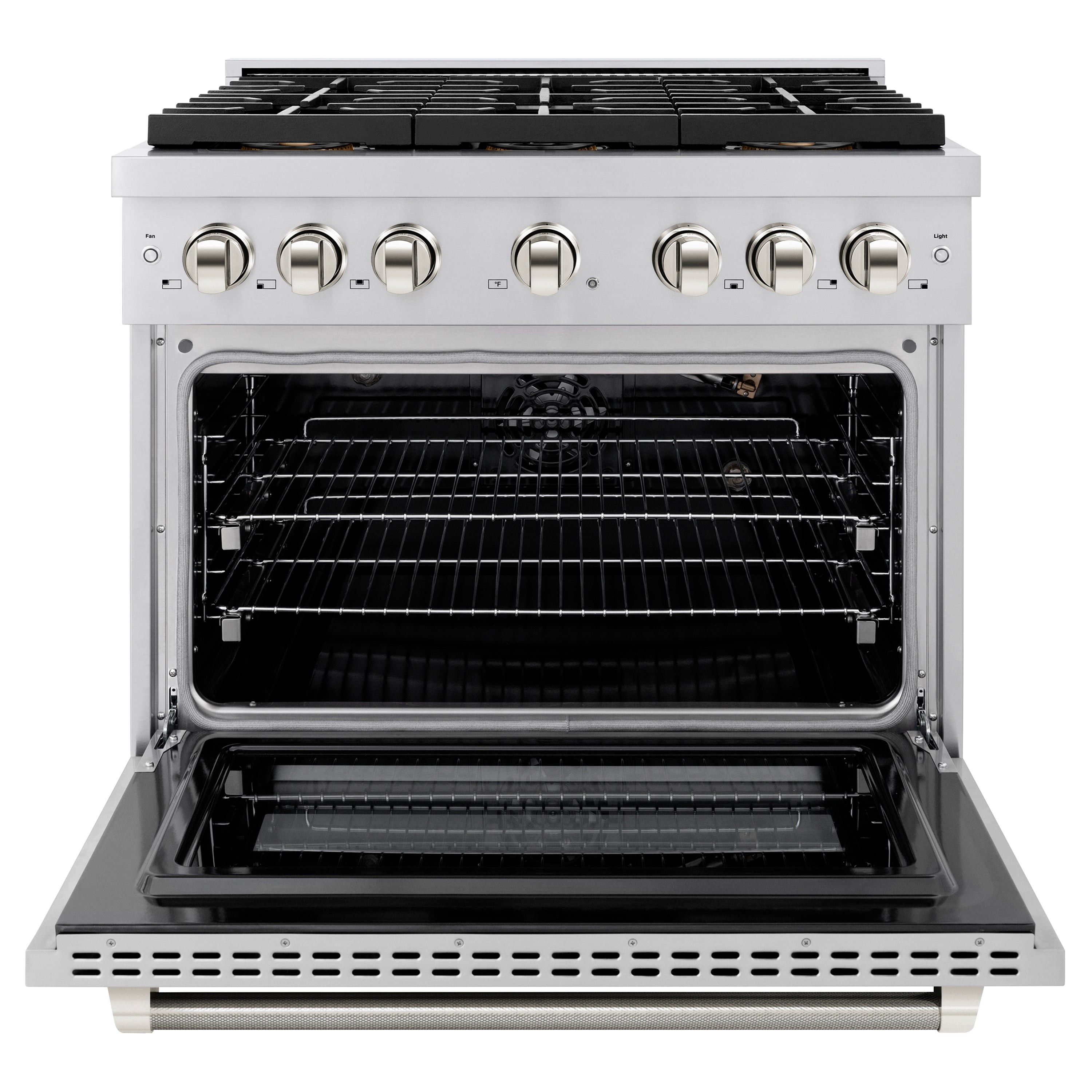 ZLINE 36 in. Gas Range 5.2 cu. ft. 6 Burner DuoPro™ Cooktop Convection Oven Stainless Steel Polished Nickel Helix Handle (PSGRZ-36-KPN)