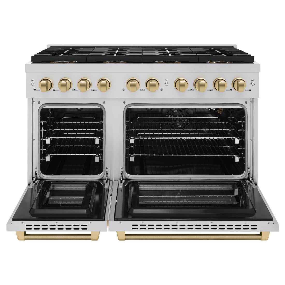 ZLINE 48 in. Gas Range 6.7 cu. ft. Dual Oven 8 Burner DuoPro™ Cooktop Stainless Steel Champagne Bronze Handles (PSGRZ-48-KCB)