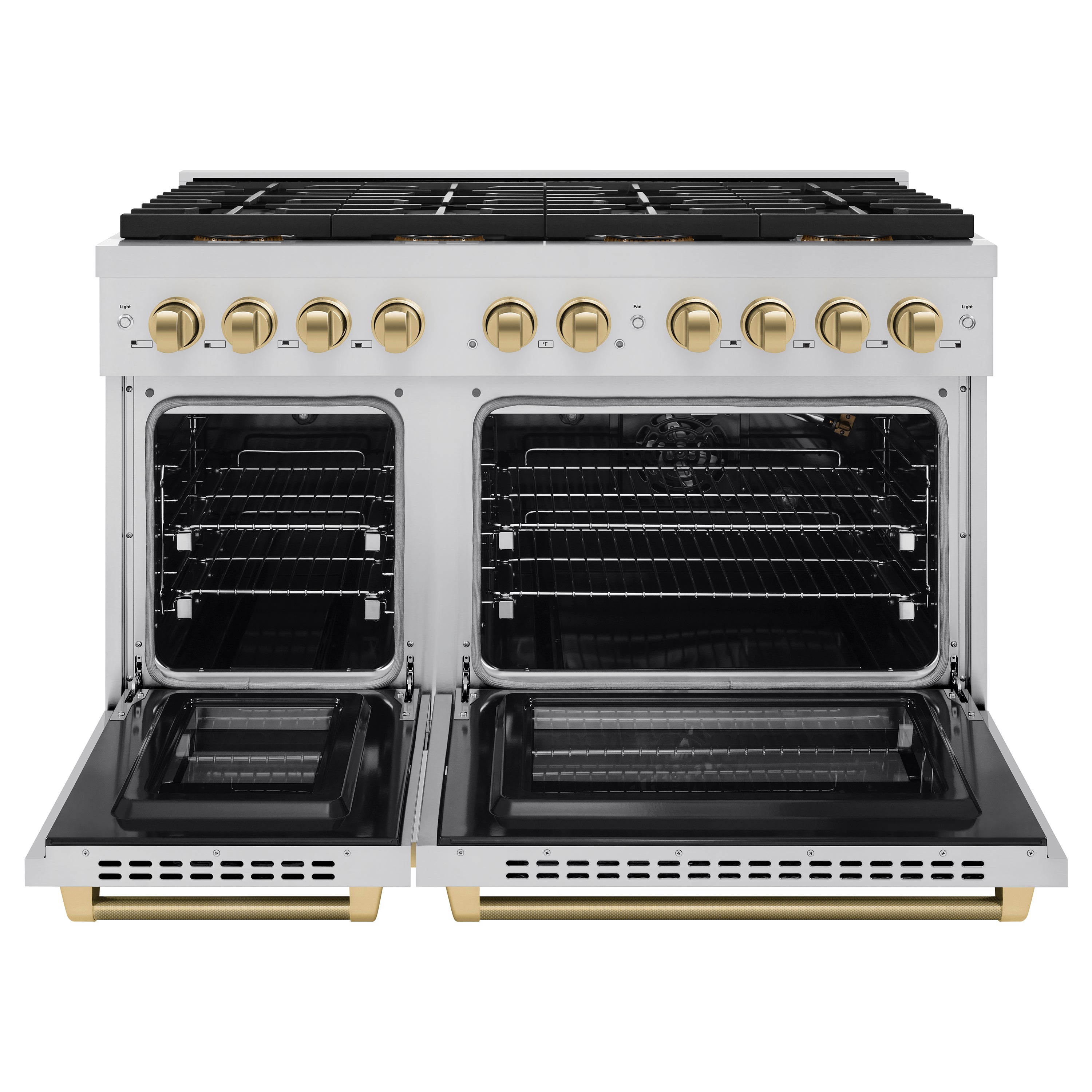 ZLINE 48 in. Gas Range 6.7 cu. ft. Dual Oven 8 Burner DuoPro™ Cooktop Stainless Steel Champagne Bronze Handles (PSGRZ-48-KCB)