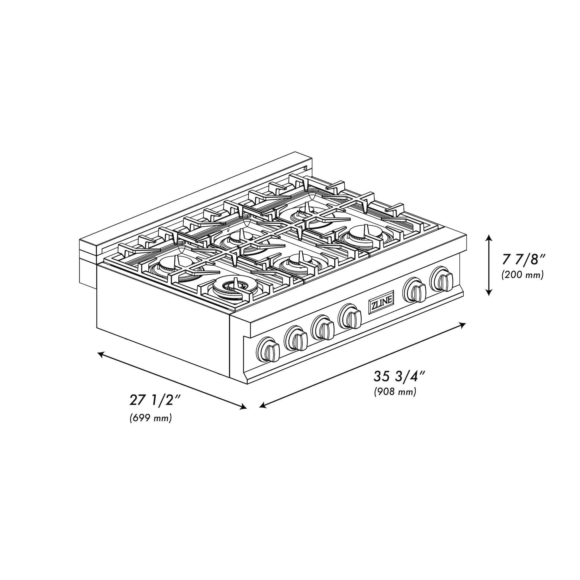 ZLINE 36 in. Rangetop with 6 Gas Brass Burners, RT-BR-36