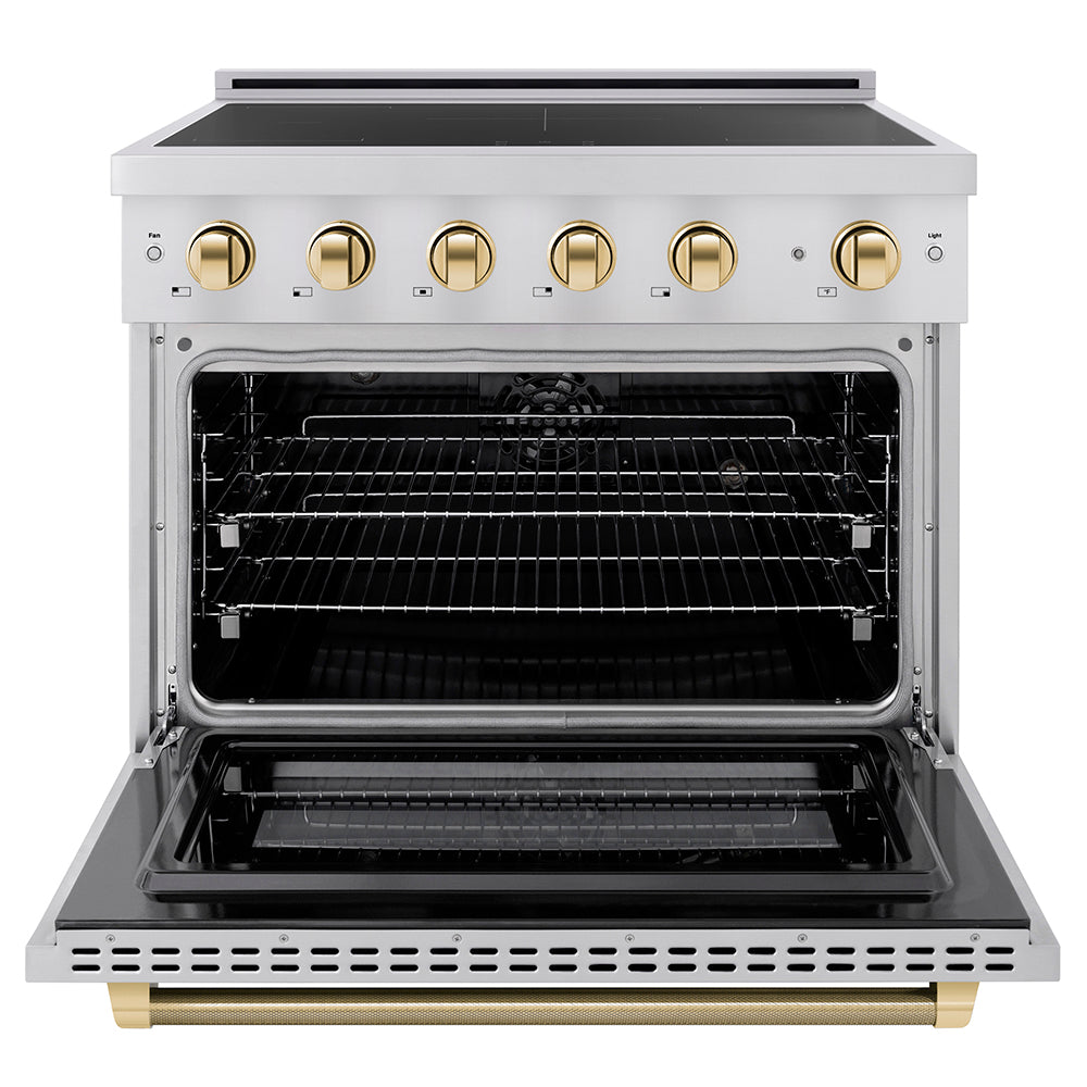 ZLINE 36 in. Induction Range 5.2 cu. ft. 5 Element Cooktop Electric Convection Oven Stainless Steel Polished Gold Accents (SINRZ-36-KG)