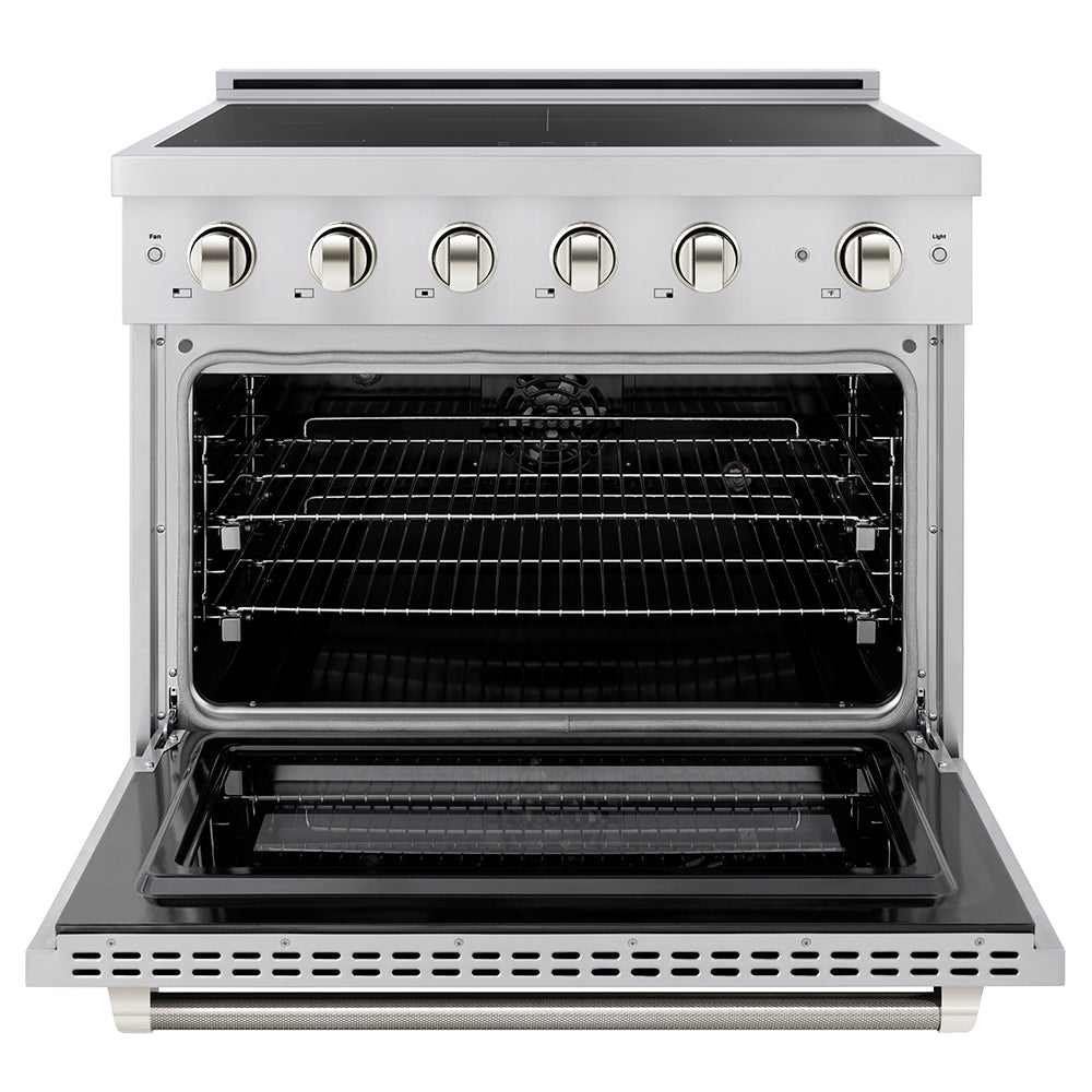 ZLINE 36 in. Induction Range 5.2 cu. ft. 5 Element Cooktop Electric Convection Oven Stainless Steel Polished Nickel Accents (SINRZ-36-KPN)