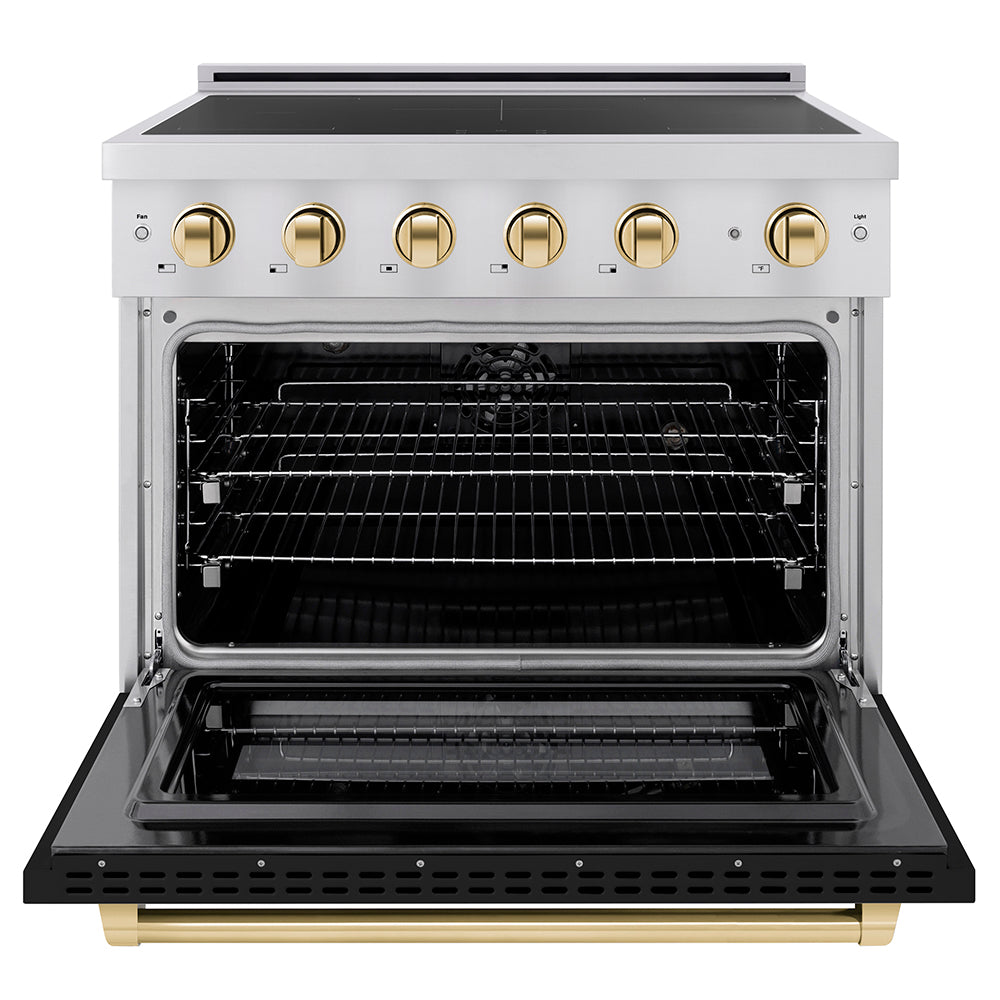 ZLINE 36 in. Induction Range 5.2 cu. ft. 5 Element Cooktop Electric Convection Oven Stainless Steel Black Matte Door Polished Gold Accents (SINRZ-BLM-36-G)