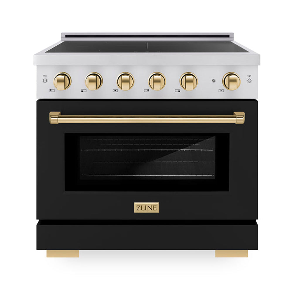 ZLINE 36 in. Induction Range 5.2 cu. ft. 5 Element Cooktop Electric Convection Oven Stainless Steel Black Matte Door Polished Gold Accents (SINRZ-BLM-36-G)
