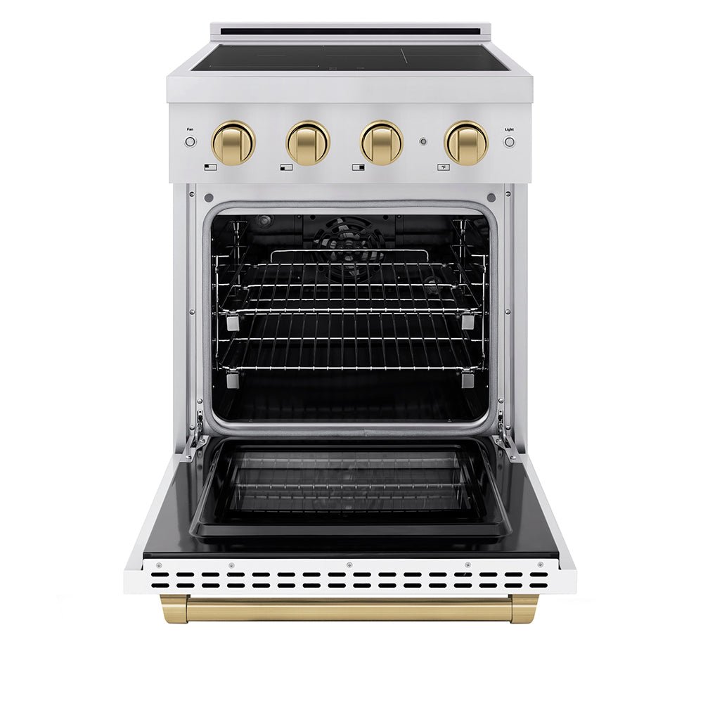 ZLINE 24 in Induction Range 3.2 cu ft Electric Convection Oven 3 Element Cooktop Stainless Steel White Matte Door Champagne Bronze Accents (SINRZ-WM-24-CB)