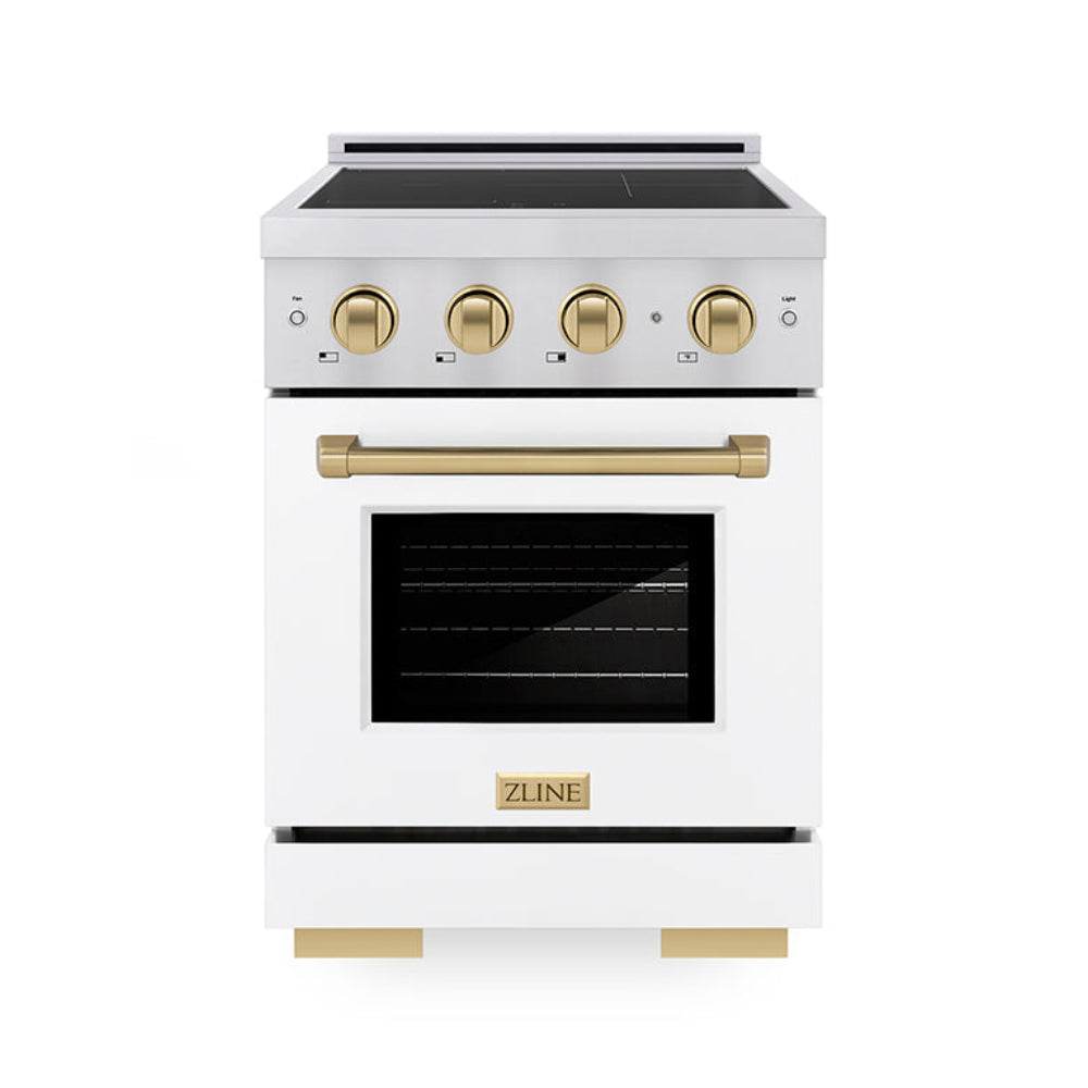 ZLINE 24 in Induction Range 3.2 cu ft Electric Convection Oven 3 Element Cooktop Stainless Steel White Matte Door Champagne Bronze Accents (SINRZ-WM-24-CB)