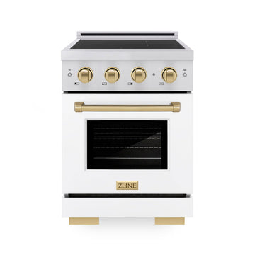ZLINE 24 in Induction Range 3.2 cu ft Electric Convection Oven 3 Element Cooktop Stainless Steel White Matte Door Champagne Bronze Accents (SINRZ-WM-24-CB)
