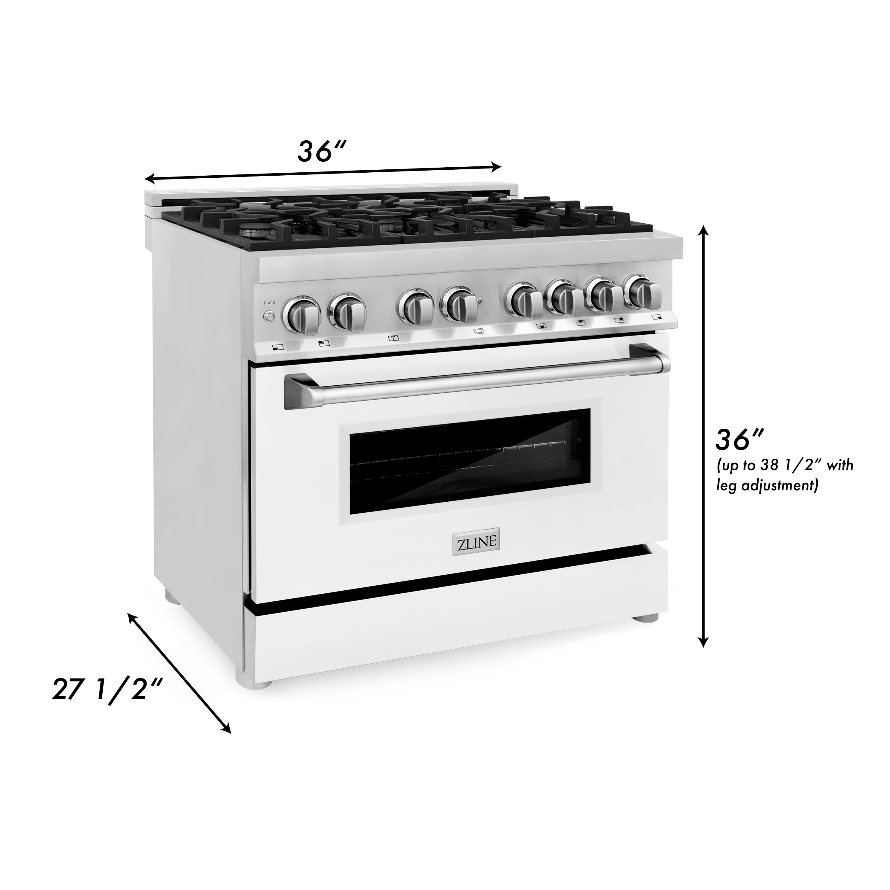 ZLINE 36-Inch Dual Fuel Professional Range with 6 Gas Burners, Electric Convection Oven, White Matte Door, Stainless Steel, Model RA-WM-36