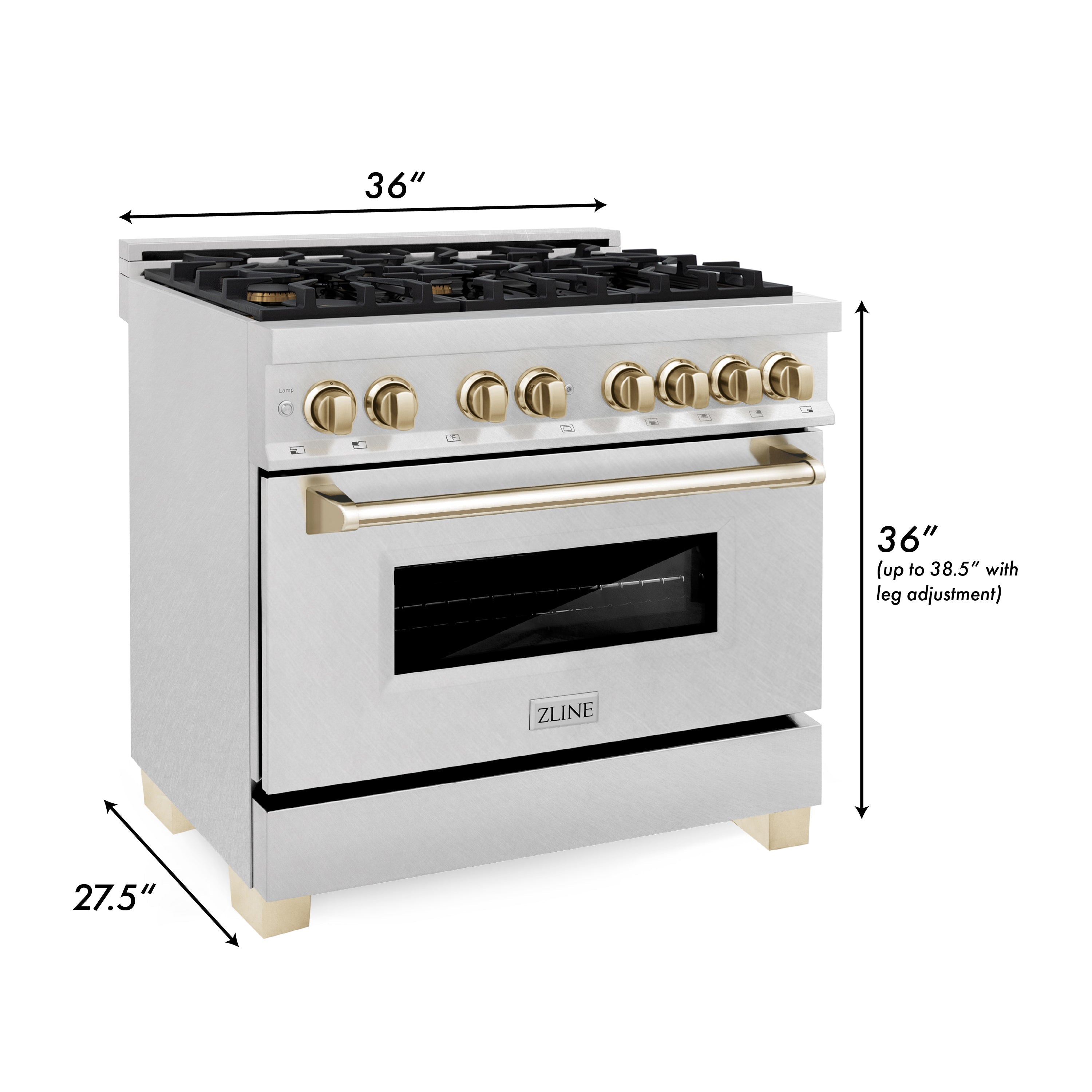 ZLINE Autograph 36 in. 4.6 cu. ft. Legacy Dual Fuel Range with 6 Gas Burners and Electric Convection Oven in Satin Stainless Steel with Polished Gold Accents (RASZ-SN-36-G)
