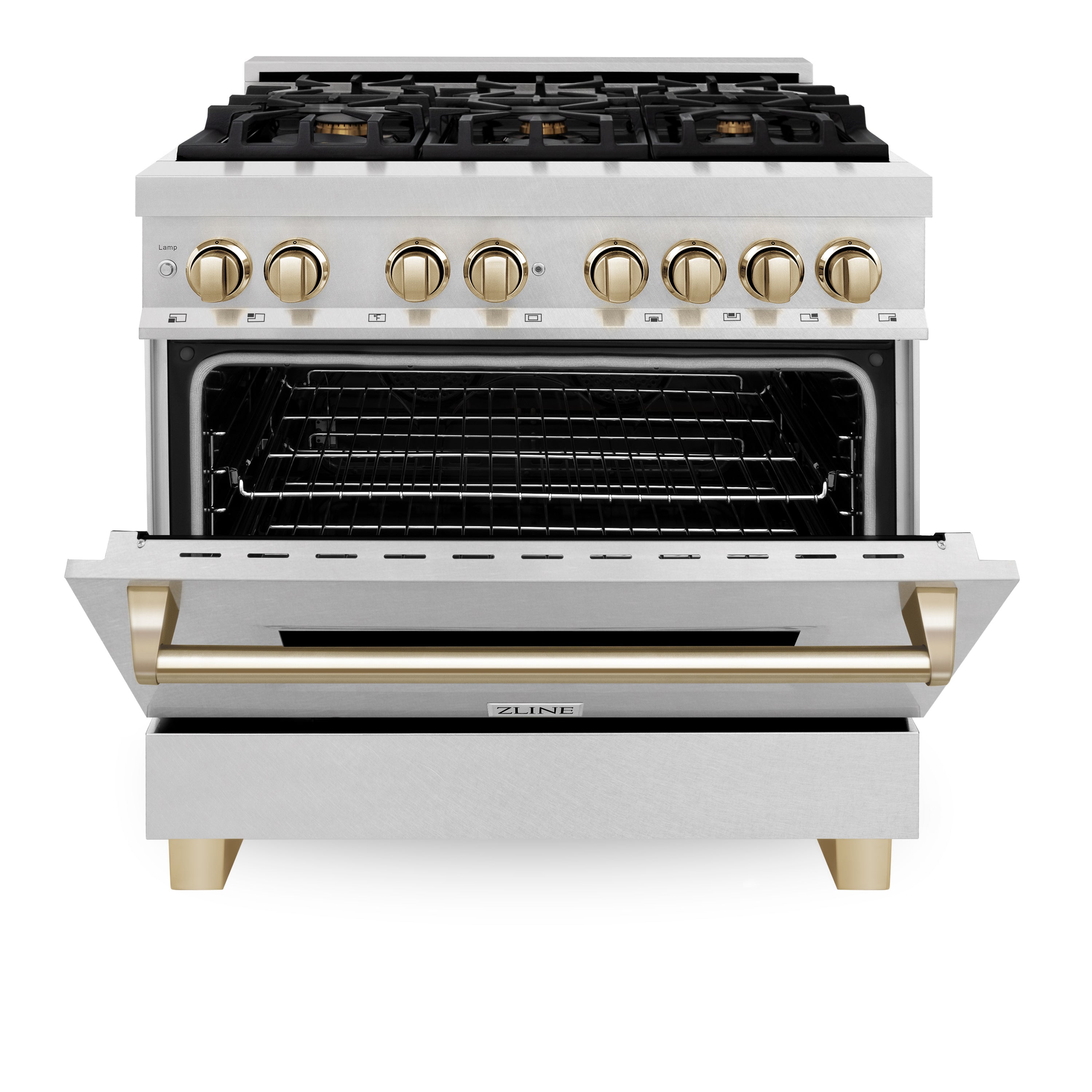 ZLINE Autograph 36 in. 4.6 cu. ft. Legacy Dual Fuel Range with 6 Gas Burners and Electric Convection Oven in Satin Stainless Steel with Polished Gold Accents (RASZ-SN-36-G)