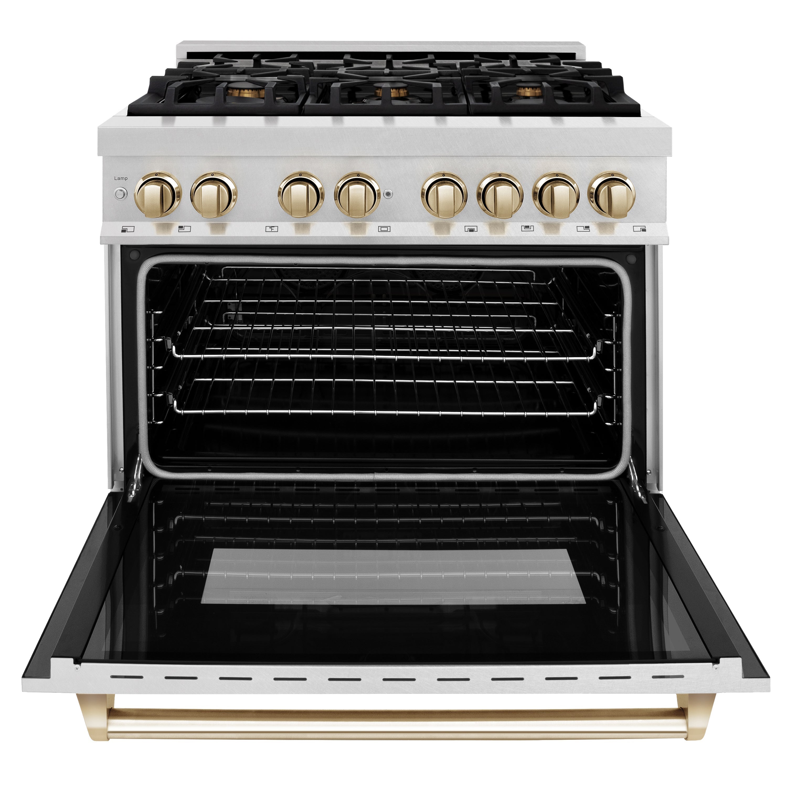 ZLINE Autograph 36 in. 4.6 cu. ft. Legacy Dual Fuel Range with 6 Gas Burners and Electric Convection Oven in Satin Stainless Steel with Polished Gold Accents (RASZ-SN-36-G)