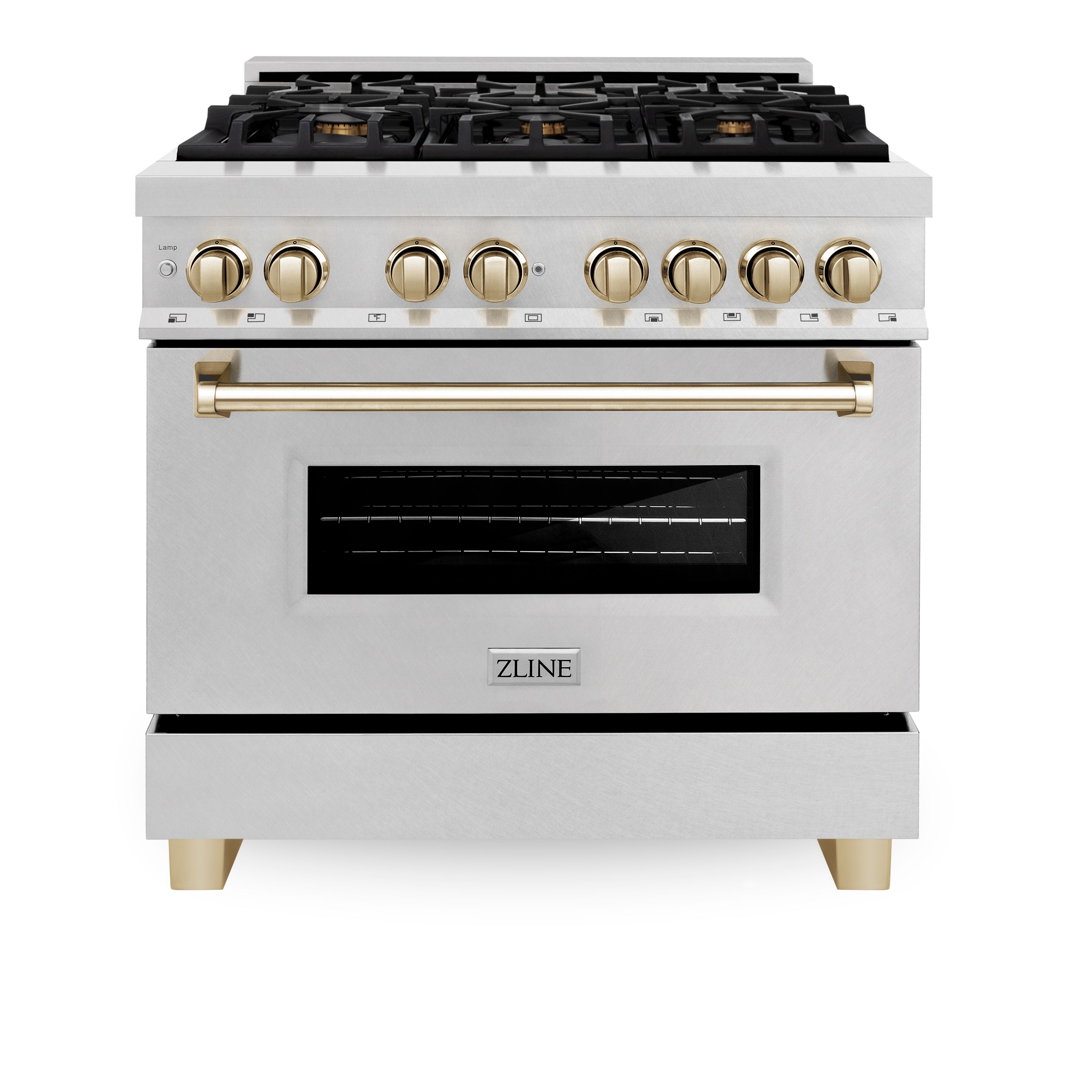 ZLINE Autograph 36 in. 4.6 cu. ft. Legacy Dual Fuel Range with 6 Gas Burners and Electric Convection Oven in Satin Stainless Steel with Polished Gold Accents (RASZ-SN-36-G)