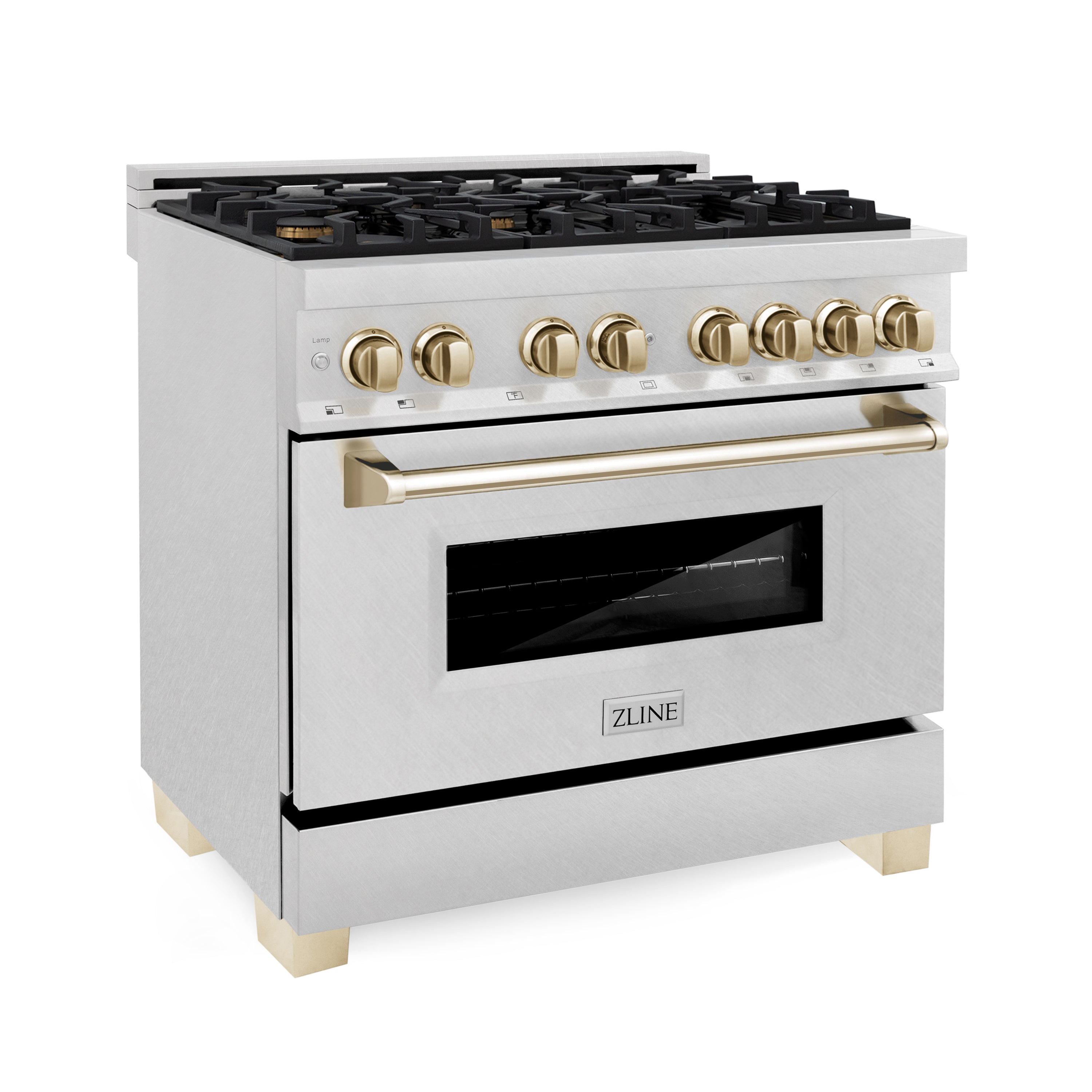 ZLINE Autograph 36 in. 4.6 cu. ft. Legacy Dual Fuel Range with 6 Gas Burners and Electric Convection Oven in Satin Stainless Steel with Polished Gold Accents (RASZ-SN-36-G)