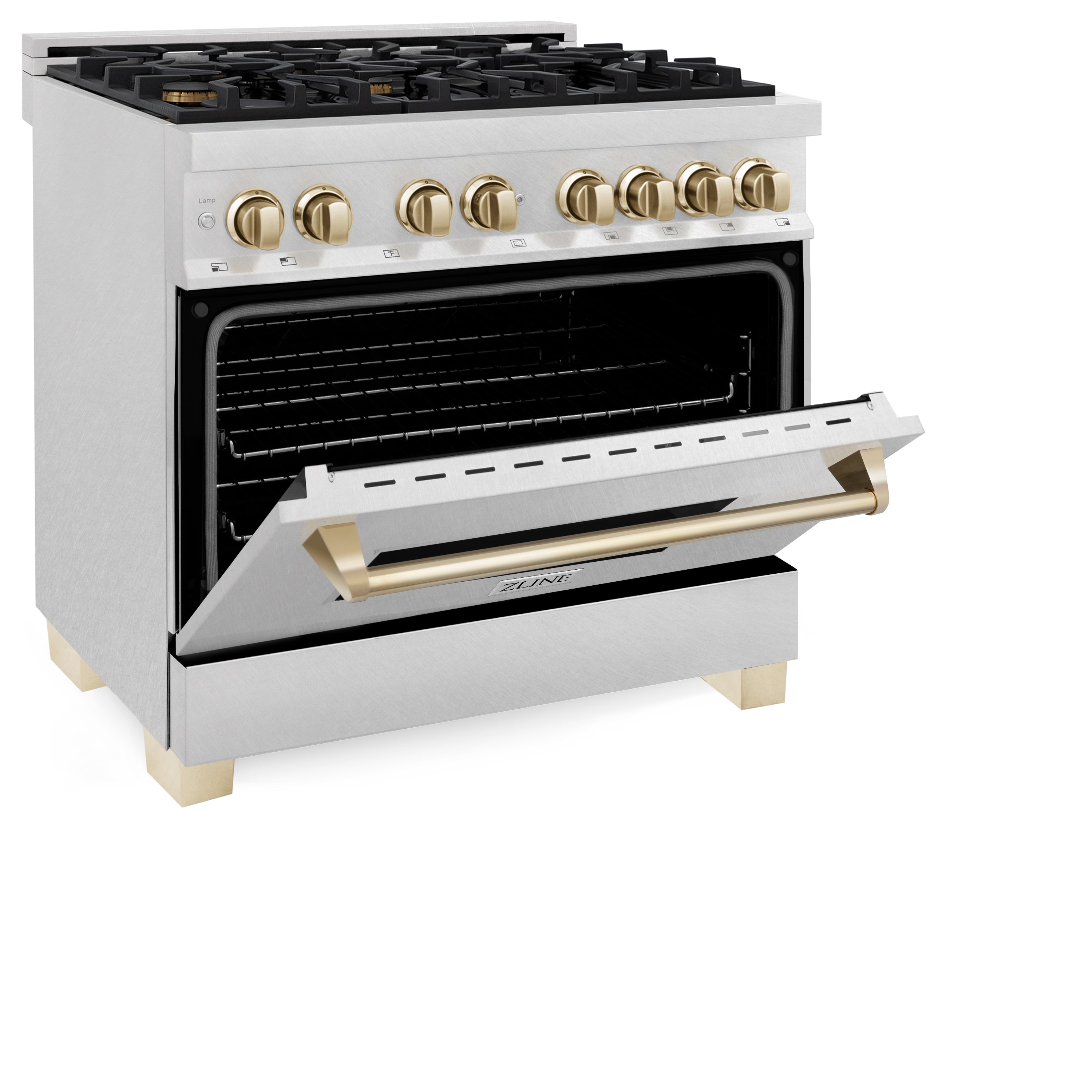 ZLINE Autograph 36 in. 4.6 cu. ft. Legacy Dual Fuel Range with 6 Gas Burners and Electric Convection Oven in Satin Stainless Steel with Polished Gold Accents (RASZ-SN-36-G)