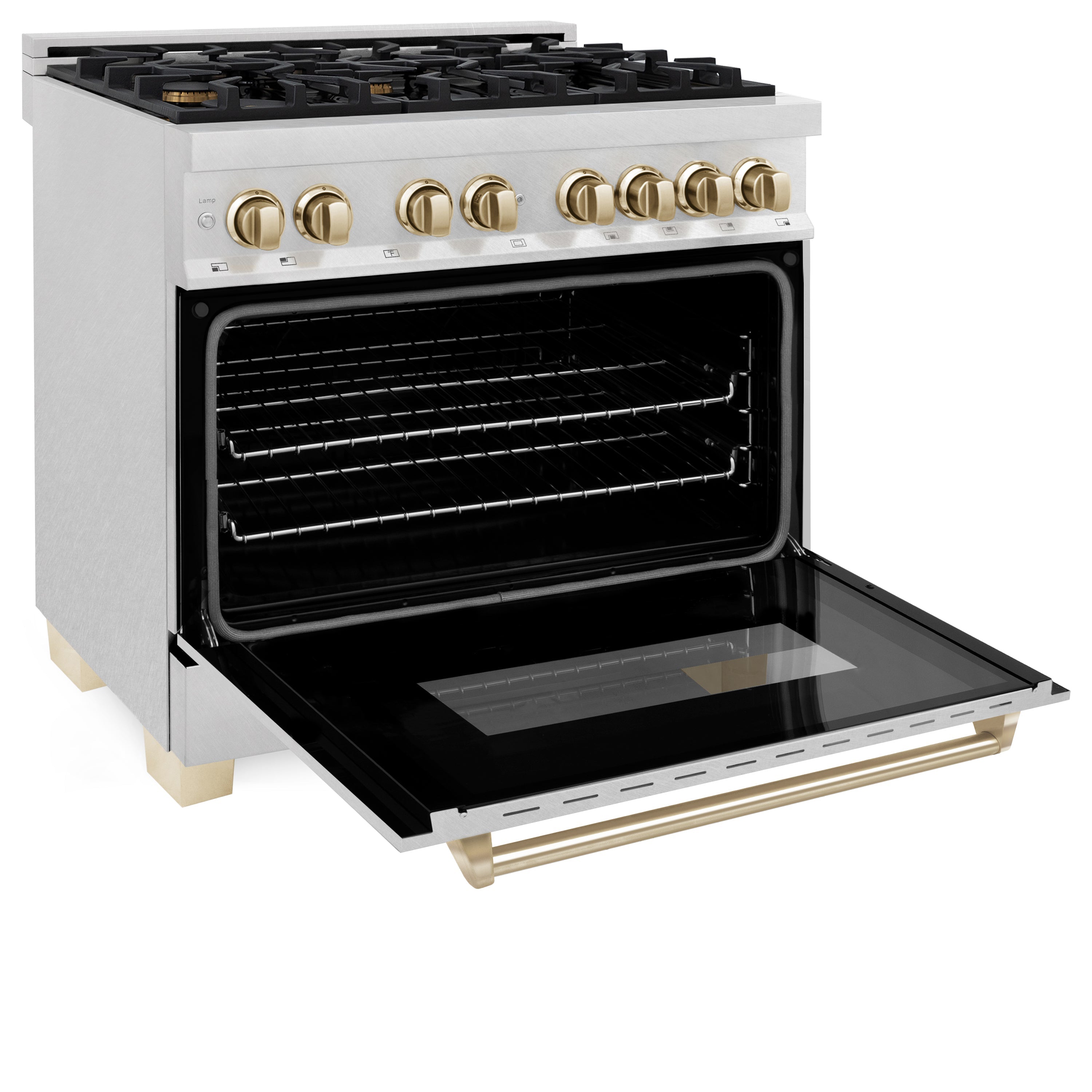 ZLINE Autograph 36 in. 4.6 cu. ft. Legacy Dual Fuel Range with 6 Gas Burners and Electric Convection Oven in Satin Stainless Steel with Polished Gold Accents (RASZ-SN-36-G)